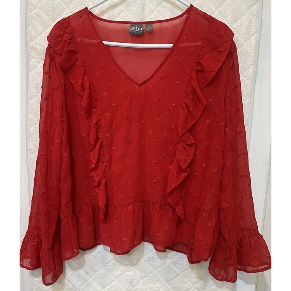 Soho New York & Company Women Red Polyester V-Neck Long Sleeve Top Blouse XL - Picture 1 of 5
